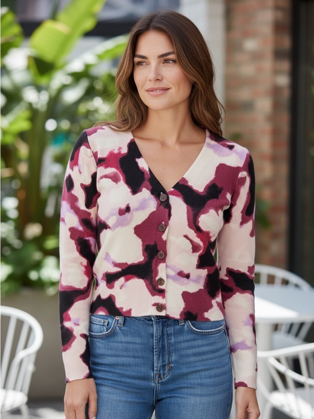 Nine West Abstract Watercolor Floral Cropped Cardigan Sweater Large